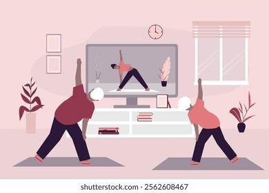 Yoga of elder couple at home. Online lesson, yoga teacher on tv screen. Grandparents in asana poses, stretching and active lifestyle. Fitness, hatha yoga and athletes. Cartoon flat vector illustration