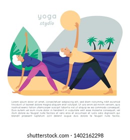 Yoga for the elderly  by the sea. Trikonasana. Modern template with sport grandparents and text for yoga studio.