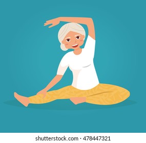 Yoga for elderly. Grandma doing gymnastics. Vector illustration. Cartoon character. Isolated