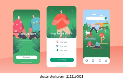 Yoga for the Elderly Mobile App Page Onboard Screen Template. Senior Male and Female Characters Practicing Meditation in Park. Old People Active Healthy Lifestyle Concept. Cartoon Vector Illustration