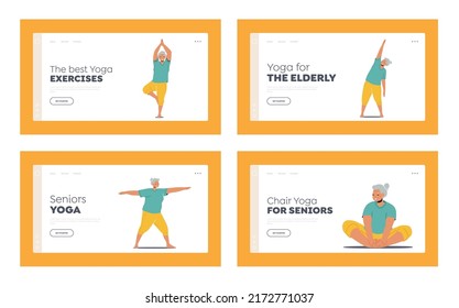 Yoga for Elderly People, Healthy Lifestyle, Meditation Landing Page Template Set. Female Characters Practice Yoga Meditation, Asana or Stretching. Old Woman Balance. Cartoon People Vector Illustration