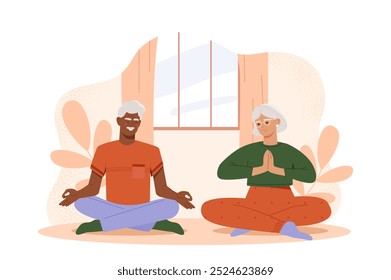 Yoga para idosos. Homem velho e mulher sentados em posição de lótus. Estilo de vida ativo e esporte. Meditação e concentração. Ilustração de vetor plano isolada no plano de fundo branco