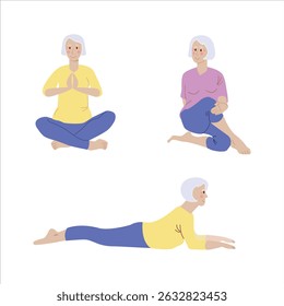 Yoga for elderly. Set of elderly female characters practice Yoga, Meditation, asana. Old woman healthy. lifestyle. Vector illustration on a white background