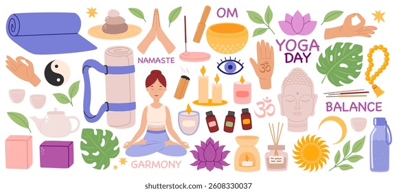 Yoga elements set. Collection of things, equipment for yoga, incense sticks, oils, mat, block, tea, candle. Woman in lotus position meditates. Flat Vector illustration isolated on white background