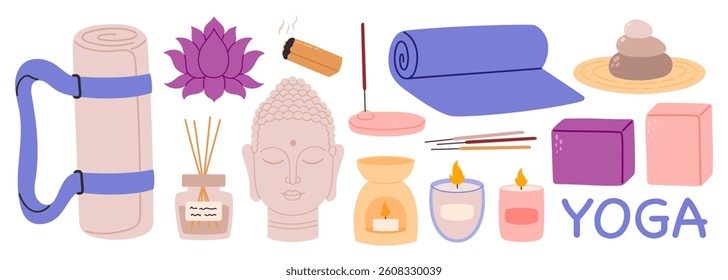 Yoga elements set. Collection of things, equipment for yoga, incense sticks, oils, mat, block, candle. Flat Vector illustration isolated on white background