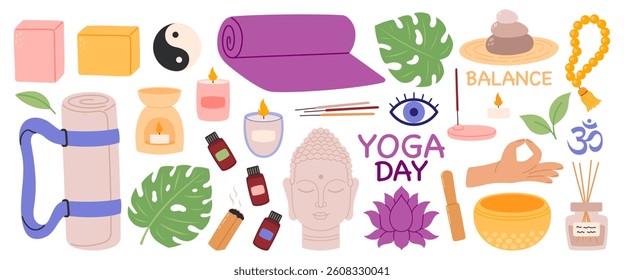 Yoga elements set. Collection of things, equipment for yoga, incense sticks, oils, mat, block, tea, candle. Flat Vector illustration isolated on white background