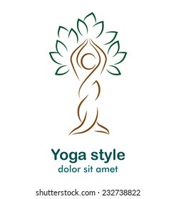 Yoga emblem with abstract tree pose isolated on white background