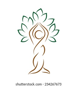 Yoga emblem with abstract tree pose isolated on white background