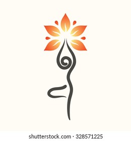 Yoga emblem with abstract tree pose isolated on white background.