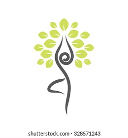 Yoga emblem with abstract tree pose isolated on white background.