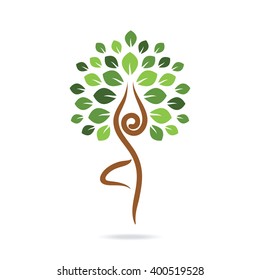 Yoga emblem with abstract tree pose isolated on white background.