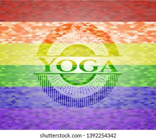 Yoga emblem on mosaic background with the colors of the LGBT flag