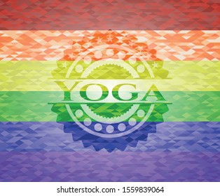 Yoga emblem on mosaic background with the colors of the LGBT flag