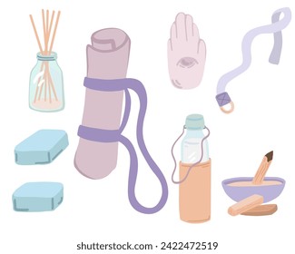 Yoga equipment flat design set with aroma oil bottle mat and namaste