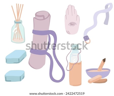 Yoga equipment flat design set with aroma oil bottle mat and namaste