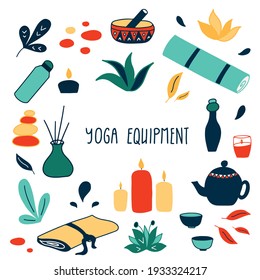 Yoga equipment set in doodle style. Hand drawn vector illustration. For cards, prints, flayers.