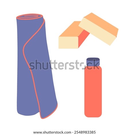 Yoga equipment vector set. Workout accessories in modern minimalist style. Yoga blocks, exercise mat and sport water bottle illustrations isolated on white background. Fitness and pilates essentials