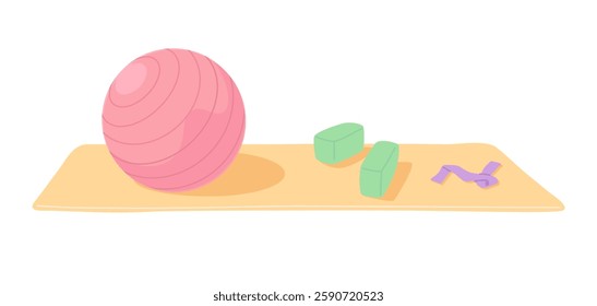 Yoga equipments isolated on white background. Yoga map, ball, yoga blocks and elastic band for home workout. Muscle stretching tools. Healthy lifestyle flat vector illustration.