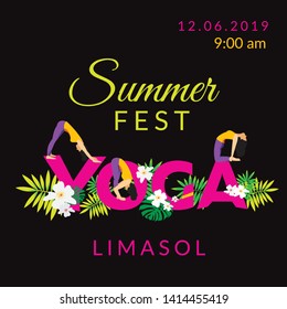 Yoga Event design template. Word Yoga with floral decoration and asanas on white background. Fitnes summer festival poster. Banner, flyer, card design. - Vector
