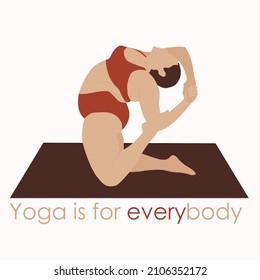 Yoga for everybody. Overweight woman with short hair in red is doing yoga. She demonstrates her flexibility and shows us that anything is possible. Vector illustration.