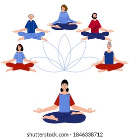 Yoga is for Everyone. Group of Pople Difrent Age Meditate Together to feel more Relaxed, Clam and Free. Meditating in Yoga pose. Yoga Time.