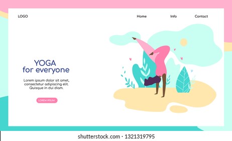 Yoga for Everyone Horizontal Banner, Copy Space. Curvy Flexible Sporty Plus Size Young Woman Doing Asana on Nature. Body Love, Fat Acceptance Movement, No Fatphobia. Cartoon Flat Vector Illustration.