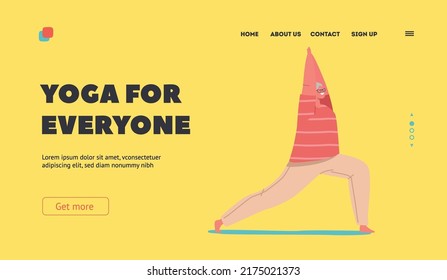 Yoga for Everyone Landing Page Template. Elderly Female Character Healthy Lifestyle, Aerobics or Fitness. Old Woman in Sports Wear Standing in Pose with Raised Arms. Cartoon People Vector Illustration