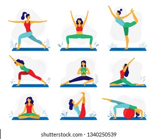 Yoga exercise. Fitness therapy, healthy stretch yoga poses and woman treatment stretching exercises. Meditation yoga exercising, harmony fitness sport. Flat vector illustration isolated icons set