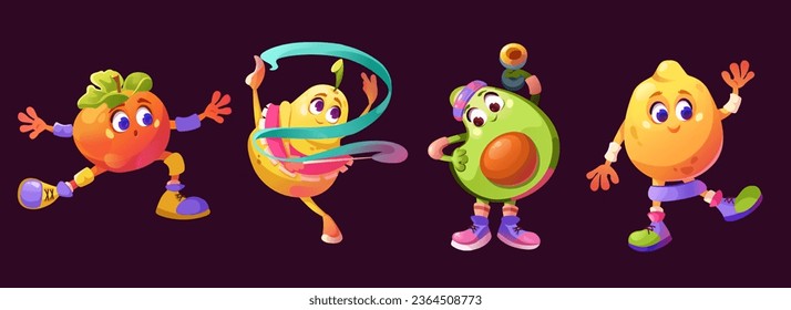 Yoga exercise with fruit character cartoon vector. Funny strong avocado, orange stretch pose, pear with ribbon and pilates lemon drawing icon collection with face and eyes. Wellness and training set