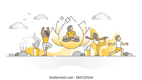 Yoga exercise for healthy body stretching and flexibility monocolor outline concept. Posture exercise for wellness, balance and figure vector illustration. Activity for physical vitality and harmony.