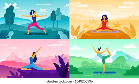 Yoga exercise on nature. Relax outdoors exercises, healthcare fitness and healthy lifestyle. Yoga poses, meditation aerobics positions or exercise therapy flat vector illustration set