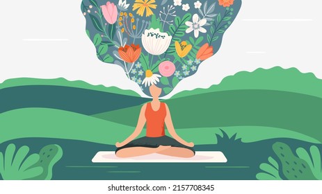 Yoga exercise on nature. Woman sitting in lotus position meditating with flowers in hair. Cartoon female character practicing yoga in harmony. Spiritual activity outdoor in zen pose vector