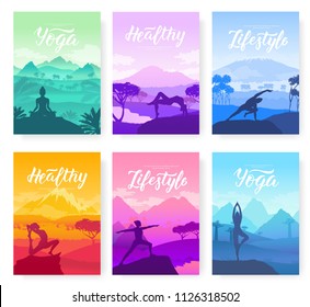 Yoga exercise on the top of the mountains surrounded by nature. Healthy lifestyle for beautiful girls. Sport design for poster, magazine, brochure, booklet