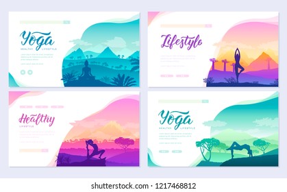 Yoga exercise on the top of the mountains surrounded by nature. Healthy lifestyle for beautiful girls. Sport design for poster, magazine, brochure, booklet