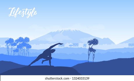Yoga exercise on the top of the mountains surrounded by nature. Healthy lifestyle for beautiful girls. Sport land page wallapapers design concept