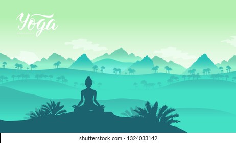 Yoga exercise on the top of the mountains surrounded by nature. Healthy lifestyle for beautiful girls. Sport land page wallapapers design concept