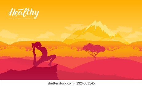 Yoga exercise on the top of the mountains surrounded by nature. Healthy lifestyle for beautiful girls. Sport land page wallapapers design concept