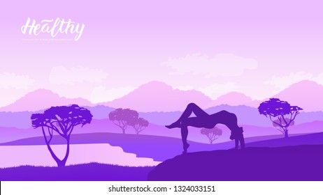 Yoga exercise on the top of the mountains surrounded by nature. Healthy lifestyle for beautiful girls. Sport land page wallapapers design concept