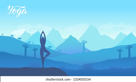 Yoga exercise on the top of the mountains surrounded by nature. Healthy lifestyle for beautiful girls. Sport land page wallapapers design concept