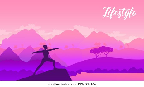 Yoga exercise on the top of the mountains surrounded by nature. Healthy lifestyle for beautiful girls. Sport land page wallapapers design concept