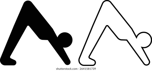 Yoga and exercise poses icons set flat, line styles. Commonly practiced exercise and movement in personal fitness routine. Meditate relax pictogram. Calm aura galaxy serenity and health body vectors.