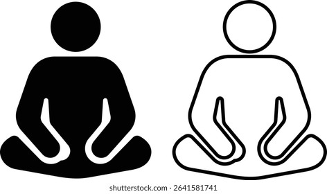 Yoga and exercise poses icons set flat, line styles. Commonly practiced exercise and movement in personal fitness routine. Meditate relax pictogram. Calm aura galaxy serenity and health body vectors.