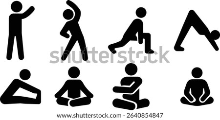 Yoga and exercise poses icons set flat styles. Commonly practiced exercise and movement in personal fitness routine. Meditate relax pictogram. Calm aura galaxy serenity and health body vectors.