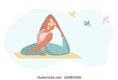 Yoga exercise, yoga pose.Young girl practices yoga in the lotus position. 21st june international yoga day.Gymnast figure.Woman doing stretching legs.Flat vector illustration.