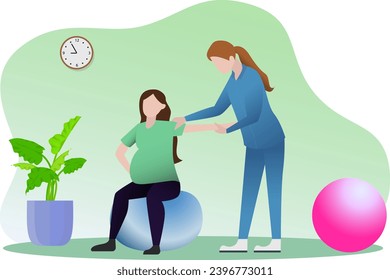 ejercicio de yoga para mujeres embarazadas ilustraciones vectoriales, mujeres embarazadas sentadas en bolas de ejercicio en gimnasio con fisioterapia, Preparados para el parto.