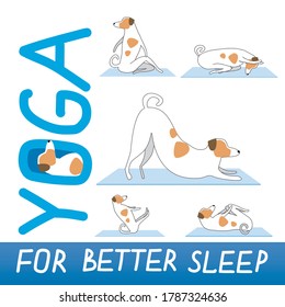 Ejercicios de yoga para un mejor sueño y el lindo personaje Jack Russell Terrier como concepto de asana, actividad, yoga nocturna. Ilustración plana o contorno vectorial con perro haciendo yoga por la noche