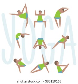  Yoga exercises. Cartoon yoga icon set good for yoga class, center, studio, poster and other design. Sketch with girl in traditional yoga poses. Stylish vector illustrated yoga asans collection.