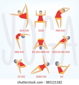  Yoga exercises. Cartoon yoga icon set good for yoga class, center, studio, poster and other design. Sketch with girl in traditional yoga poses. Stylish vector illustrated yoga asans collection.
