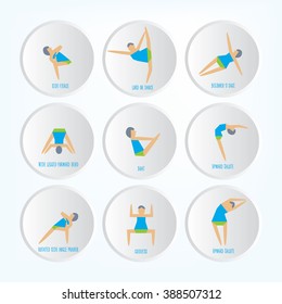 Yoga exercises. Cartoon yoga icon set good for yoga class, center, studio, poster and other design. Sketch with girl in traditional yoga poses. Stylish vector illustrated yoga asans collection.