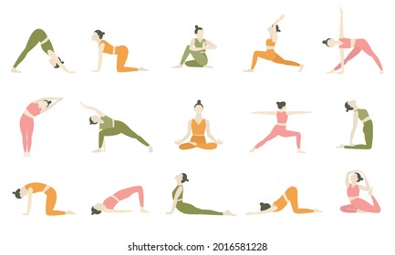 
Yoga exercises in different poses, meditation and relaxation, relaxing and gentle color matching vector illustration.
